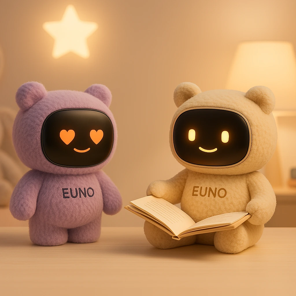 Parent souriant tenant son enfant dans les bras avec le robot Euno