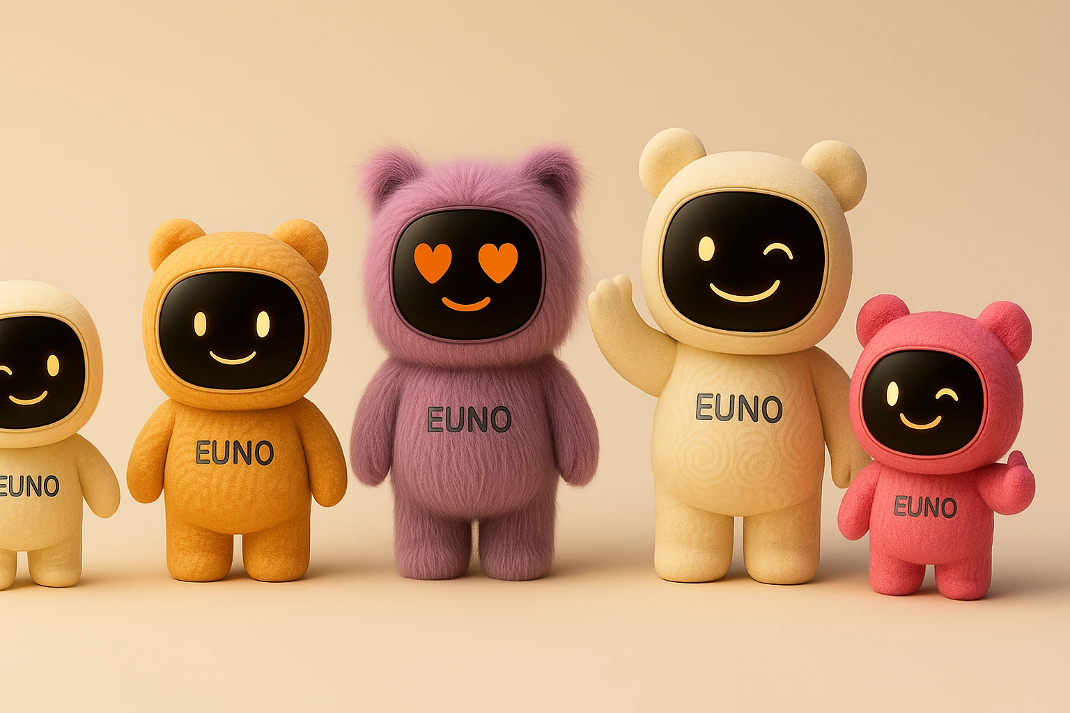 Gamme des robots Euno en peluche, déclinés en plusieurs couleurs