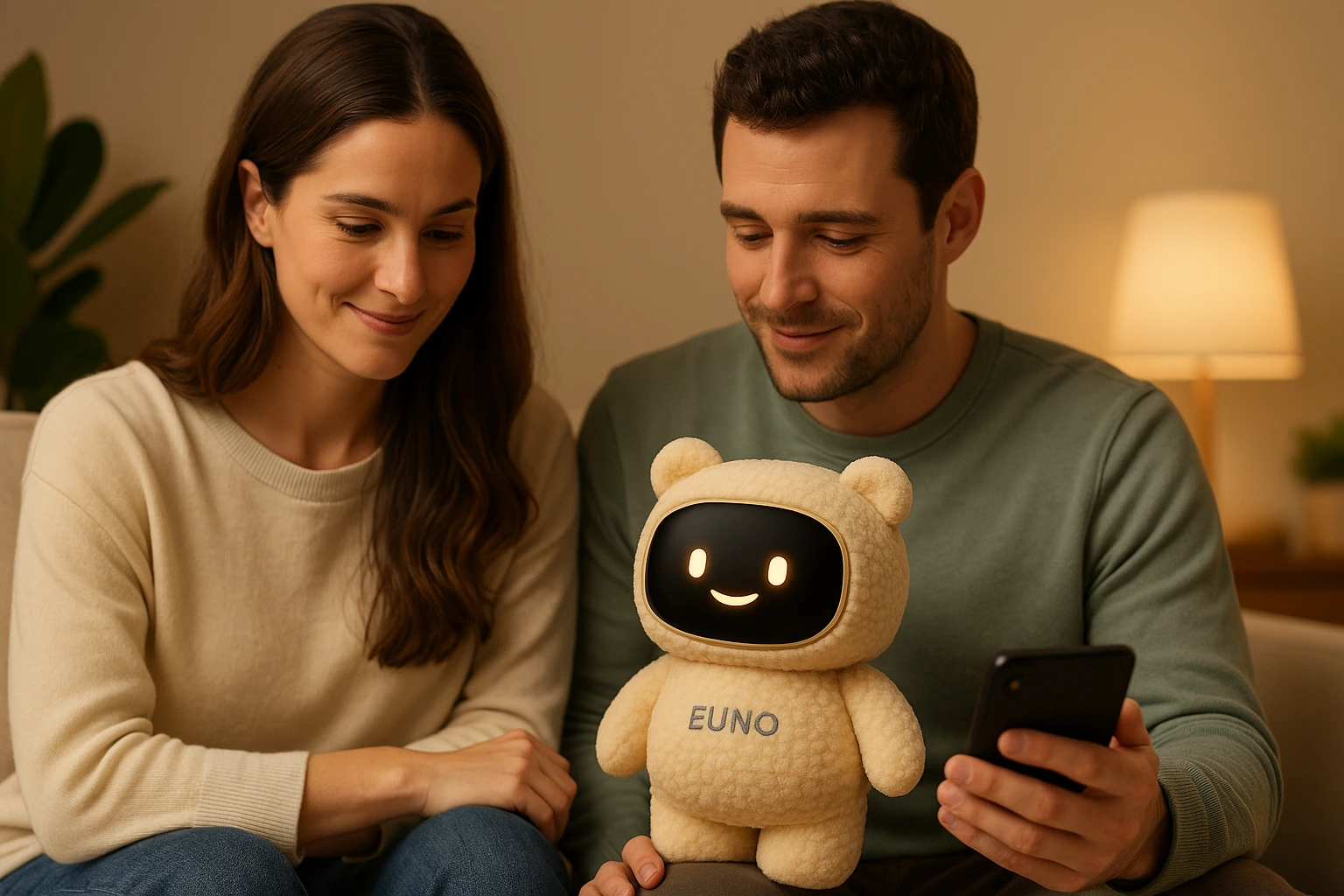 Parents complices avec leur enfant et le robot Euno